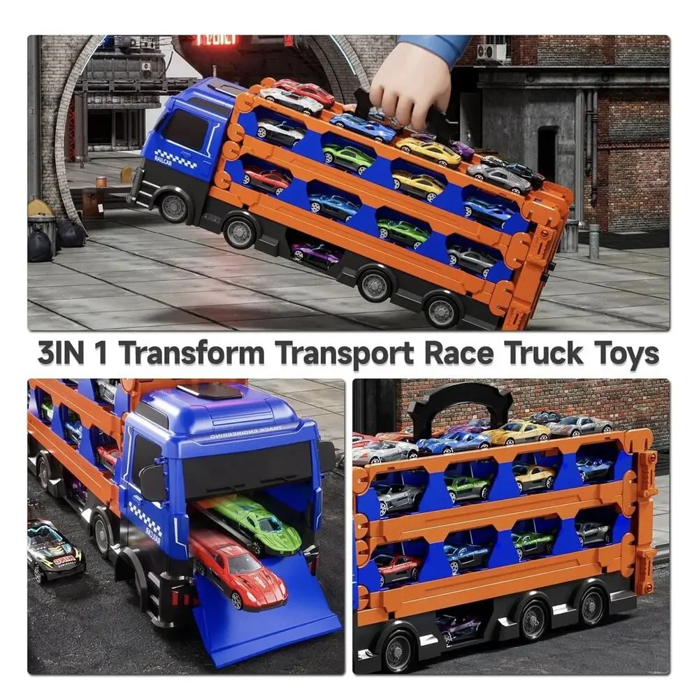 78 Inch Race Track Truck W/ 12 Metal Cars Foldable Carrier Toy Transport Vehicle